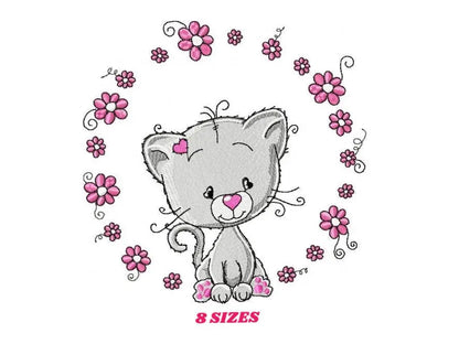 Cat embroidery design - Cat with flowers machine embroidery pattern - Kitten embroidery file - Baby girl file - Instant digital download pes Marcia Embroidery
