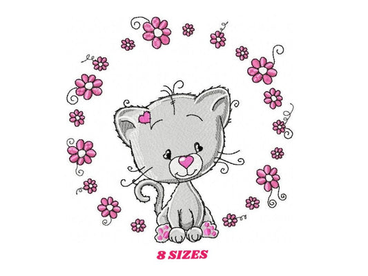 Cat embroidery design - Cat with flowers machine embroidery pattern - Kitten embroidery file - Baby girl file - Instant digital download pes