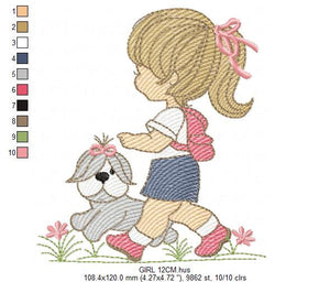 Girl embroidery designs - Dog embroidery design machine embroidery pattern - girl with dog embroidery file - student embroidery school girl