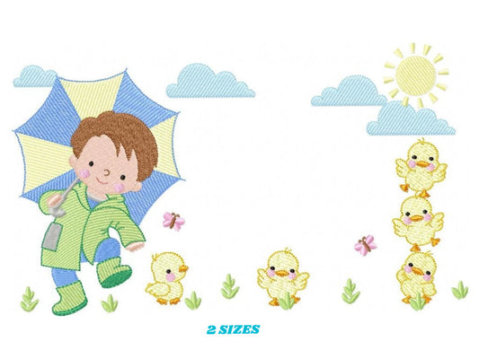 Baby boy with umbrella embroidery design - Duck family machine embroidery pattern - Boy with umbrella embroidery file - Instant download jef