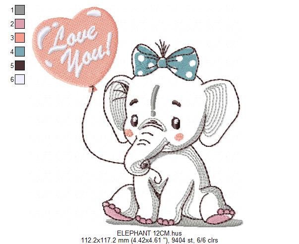 Elephant embroidery designs -  Animal with love balloon machine embroidery pattern - Love you Baby girl embroidery file - Instant download