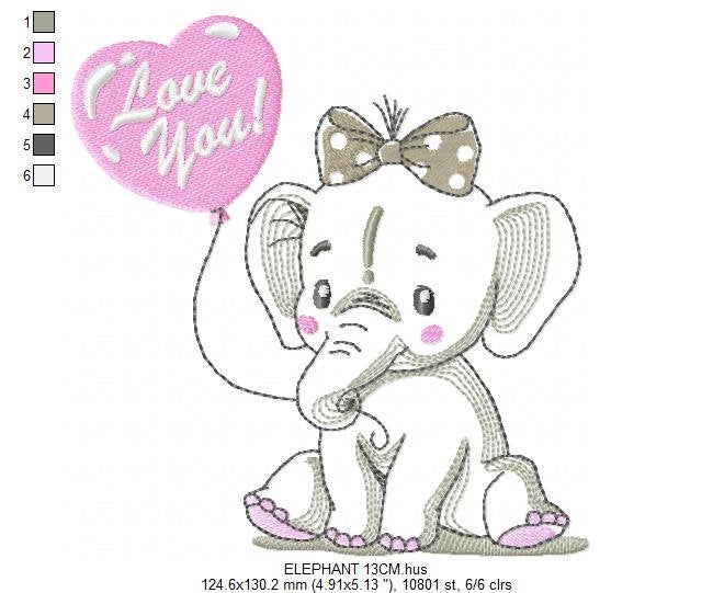 Elephant embroidery designs -  Animal with love balloon machine embroidery pattern - Love you Baby girl embroidery file - Instant download