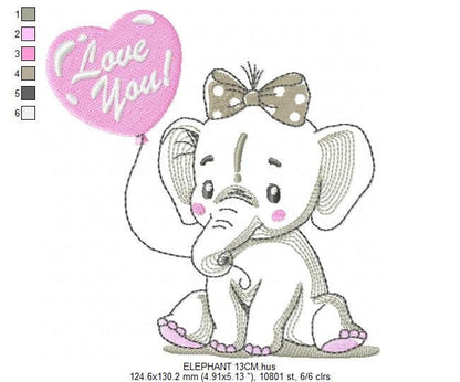Elephant embroidery designs -  Animal with love balloon machine embroidery pattern - Love you Baby girl embroidery file - Instant download