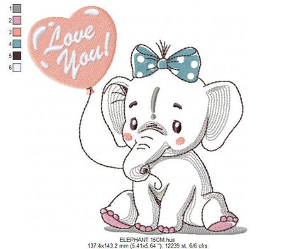 Elephant embroidery designs -  Animal with love balloon machine embroidery pattern - Love you Baby girl embroidery file - Instant download