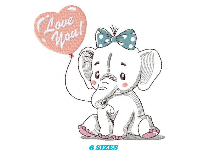 Elephant embroidery designs -  Animal with love balloon machine embroidery pattern - Love you Baby girl embroidery file - Instant download