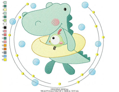 Swimming Crocodile embroidery design - Alligator with float ring machine embroidery pattern - Swimming class Swim ring - Instant download Marcia Embroidery