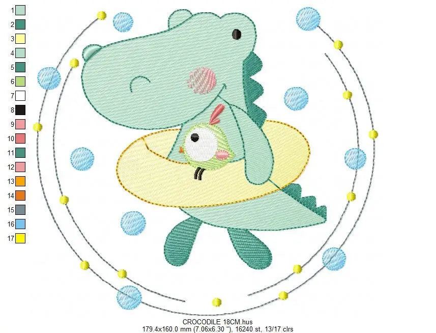 Swimming Crocodile embroidery design - Alligator with float ring machine embroidery pattern - Swimming class Swim ring - Instant download Marcia Embroidery