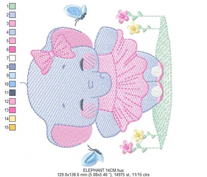 Elephant with tutu embroidery designs - Animal Ballerina with flowers machine embroidery pattern - Baby girl file - Instant download pes jef