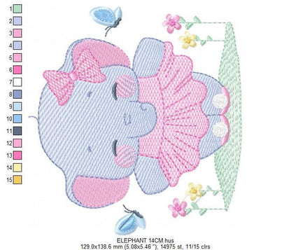 Elephant with tutu embroidery designs - Animal Ballerina with flowers machine embroidery pattern - Baby girl file - Instant download pes jef