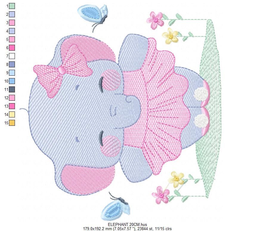 Elephant with tutu embroidery designs - Animal Ballerina with flowers machine embroidery pattern - Baby girl file - Instant download pes jef