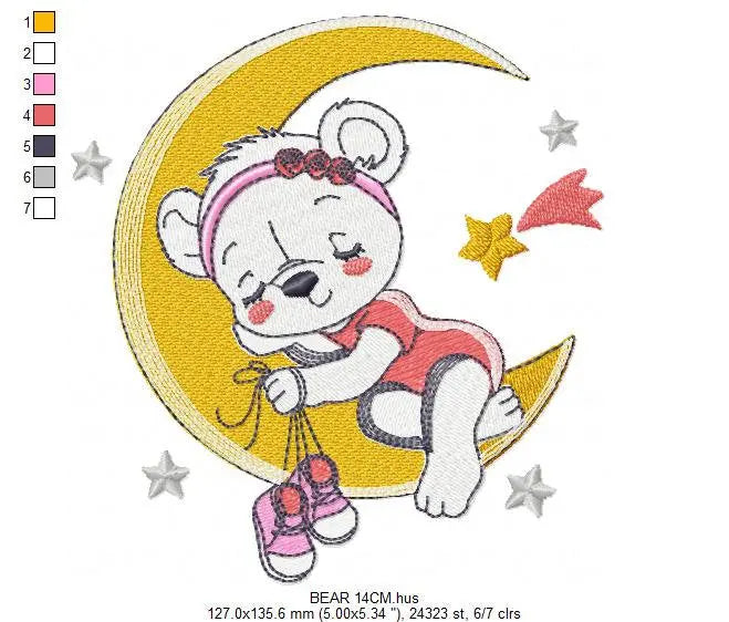 Bear embroidery designs - Moon embroidery design machine embroidery pattern - Baby girl embroidery file - Moon with stars instant download Marcia Embroidery