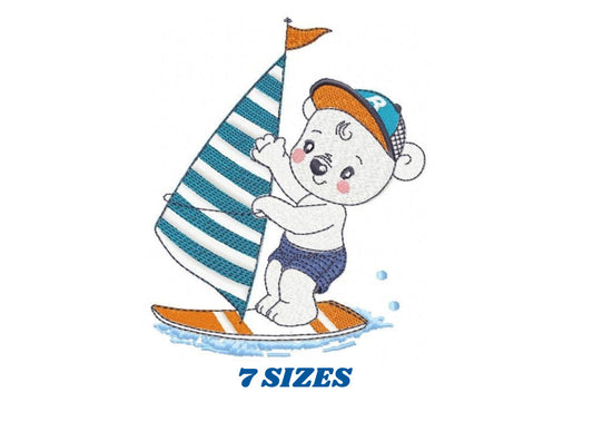 Windsurf embroidery designs - Bear with surfboard machine embroidery pattern - Baby boy file - Instant digital download pes jef dst hus vp3