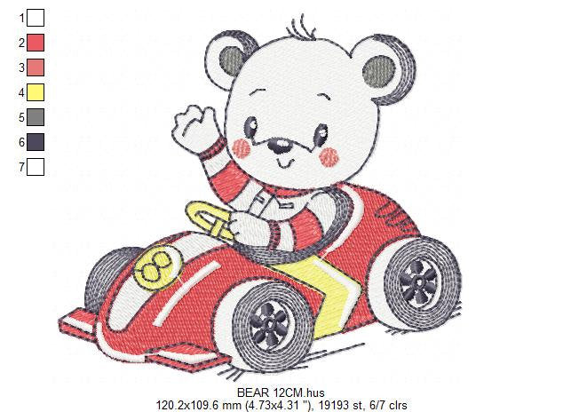 Bear with F1 car embroidery designs - F1 Pilot Bear machine embroidery pattern - Baby boy file - Instant digital download pes jef dst hus
