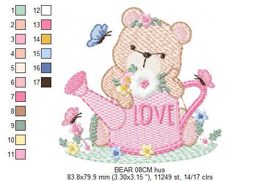 Female Bear embroidery designs - Teddy embroidery design machine embroidery pattern - baby girl embroidery file - spring summer garden water