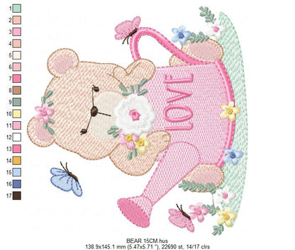 Female Bear embroidery designs - Teddy embroidery design machine embroidery pattern - baby girl embroidery file - spring summer garden water