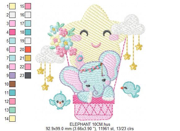 Elephant embroidery designs - Hot air balloon animal machine embroidery pattern - Baby Girl Elephant with birds flowers - Instant download