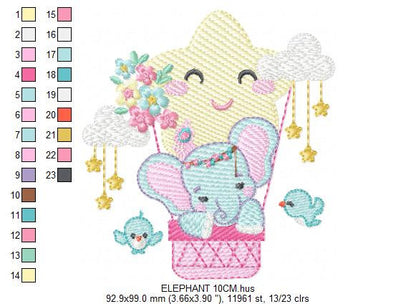 Elephant embroidery designs - Hot air balloon animal machine embroidery pattern - Baby Girl Elephant with birds flowers - Instant download