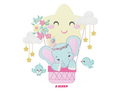 Elephant embroidery designs - Hot air balloon animal machine embroidery pattern - Baby Girl Elephant with birds flowers - Instant download