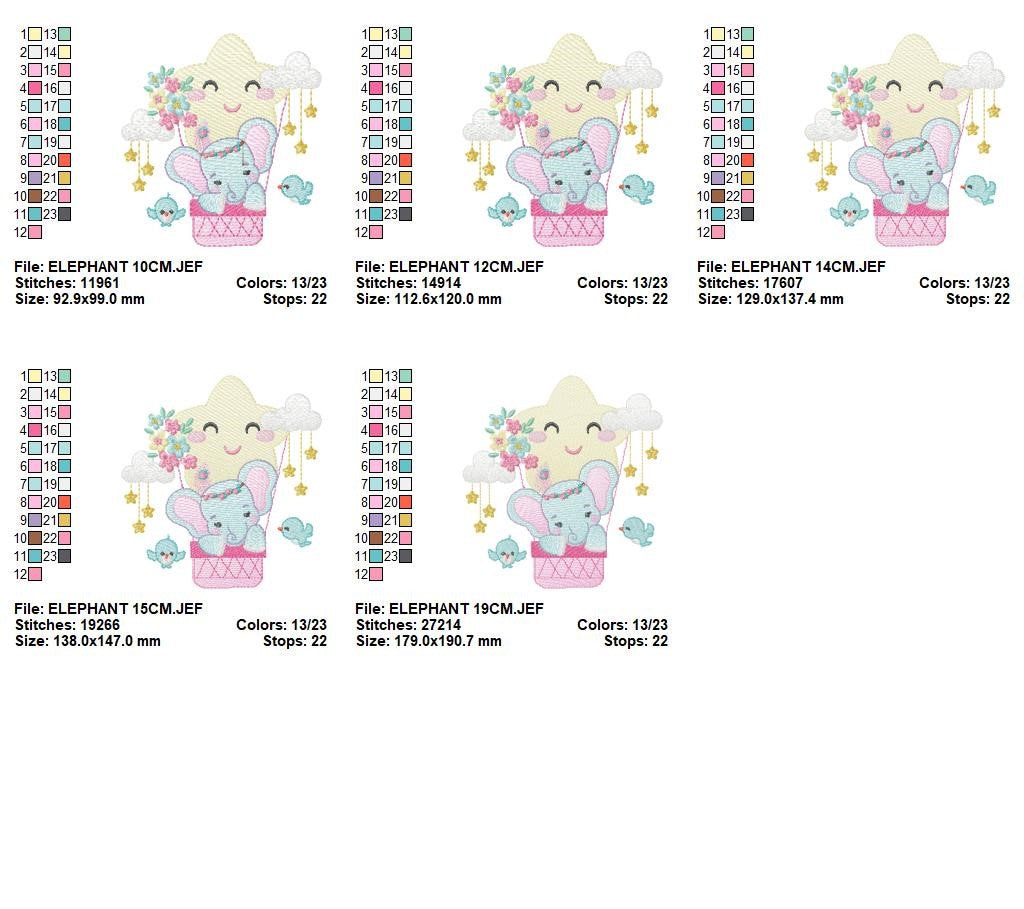 Elephant embroidery designs - Hot air balloon animal machine embroidery pattern - Baby Girl Elephant with birds flowers - Instant download