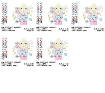 Elephant embroidery designs - Hot air balloon animal machine embroidery pattern - Baby Girl Elephant with birds flowers - Instant download