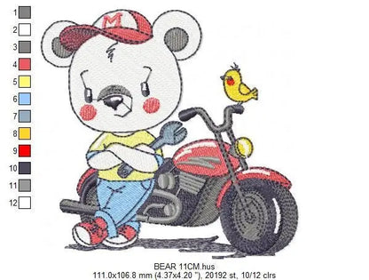 Bear with bike embroidery designs - Bear embroidery design machine embroidery pattern - Baby boy embroidery file - instant download Biker Marcia Embroidery