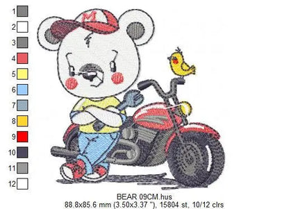 Bear with bike embroidery designs - Bear embroidery design machine embroidery pattern - Baby boy embroidery file - instant download Biker Marcia Embroidery