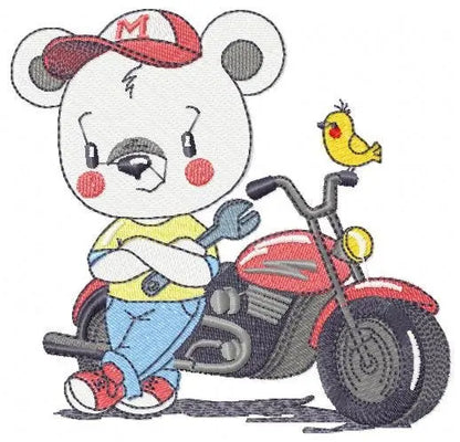 Bear with bike embroidery designs - Bear embroidery design machine embroidery pattern - Baby boy embroidery file - instant download Biker Marcia Embroidery