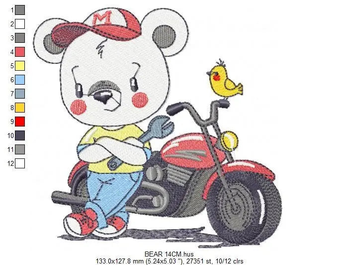 Bear with bike embroidery designs - Bear embroidery design machine embroidery pattern - Baby boy embroidery file - instant download Biker Marcia Embroidery