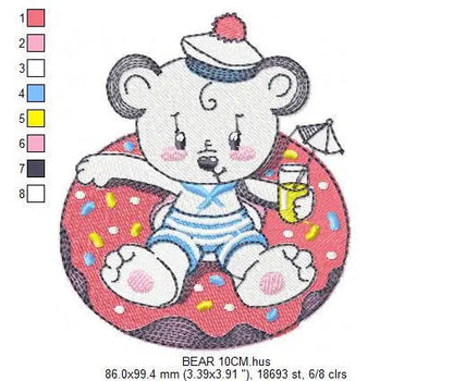 Bear with floater embroidery designs - Sailor Bear machine embroidery pattern - Baby boy file - Summer Beach party - Instant download pes Marcia Embroidery