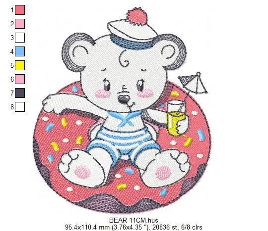 Bear with floater embroidery designs - Sailor Bear machine embroidery pattern - Baby boy file - Summer Beach party - Instant download pes Marcia Embroidery