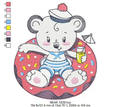 Bear with floater embroidery designs - Sailor Bear machine embroidery pattern - Baby boy file - Summer Beach party - Instant download pes Marcia Embroidery