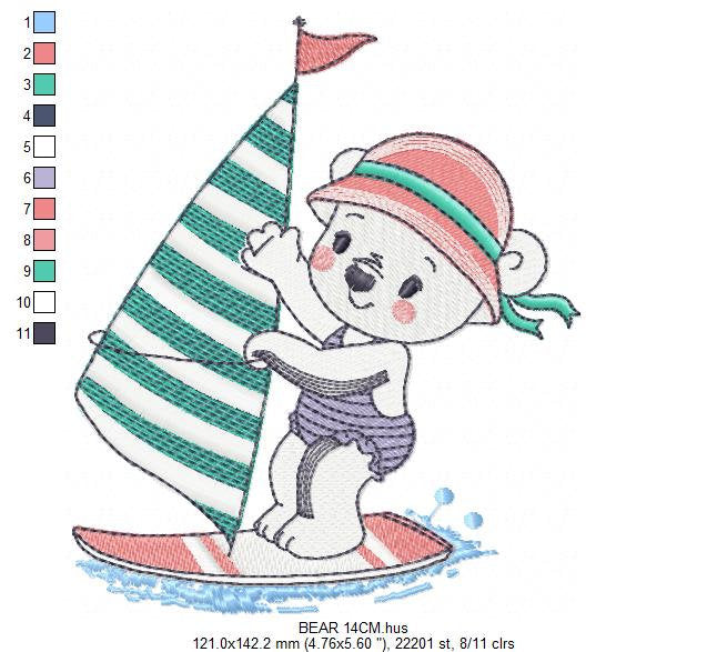 Windsurf embroidery designs - Bear embroidery design machine embroidery pattern - Baby girl embroidery file - instant download Surfer Bear Marcia Embroidery
