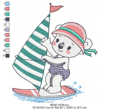 Windsurf embroidery designs - Bear embroidery design machine embroidery pattern - Baby girl embroidery file - instant download Surfer Bear Marcia Embroidery