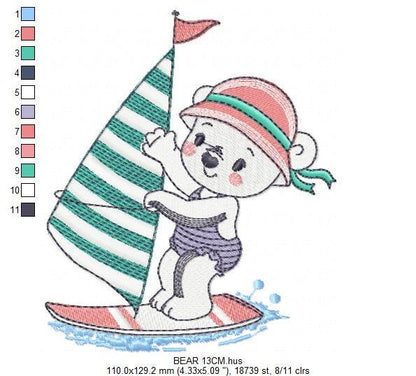 Windsurf embroidery designs - Bear embroidery design machine embroidery pattern - Baby girl embroidery file - instant download Surfer Bear Marcia Embroidery