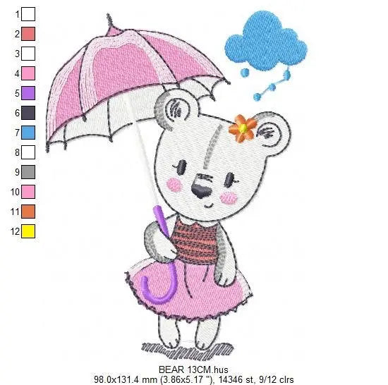 Bear embroidery designs - Teddy embroidery design machine embroidery pattern - bear with umbrella embroidery file - instant download raining Marcia Embroidery