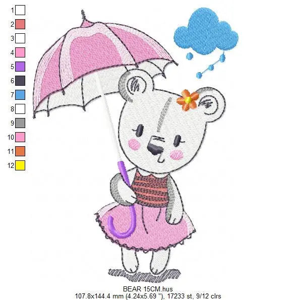 Bear embroidery designs - Teddy embroidery design machine embroidery pattern - bear with umbrella embroidery file - instant download raining Marcia Embroidery