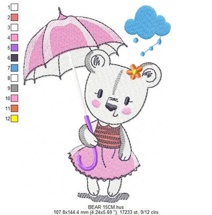 Bear embroidery designs - Teddy embroidery design machine embroidery pattern - bear with umbrella embroidery file - instant download raining Marcia Embroidery