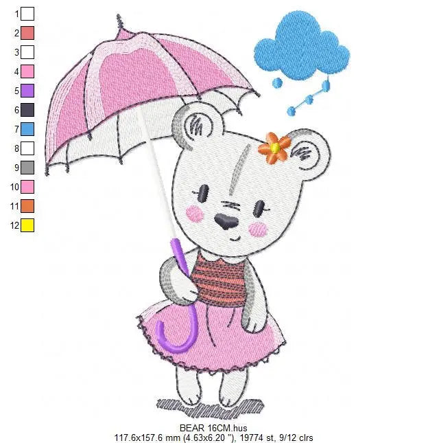 Bear embroidery designs - Teddy embroidery design machine embroidery pattern - bear with umbrella embroidery file - instant download raining Marcia Embroidery