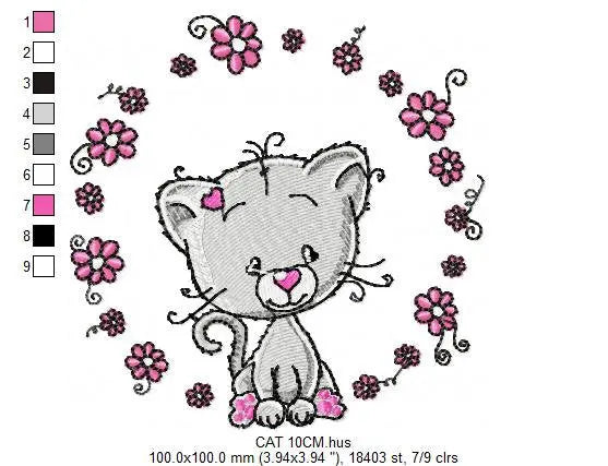 Cat embroidery design - Cat with flowers machine embroidery pattern - Kitten embroidery file - Baby girl file - Instant digital download pes Marcia Embroidery