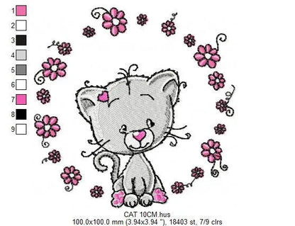 Cat embroidery design - Cat with flowers machine embroidery pattern - Kitten embroidery file - Baby girl file - Instant digital download pes Marcia Embroidery