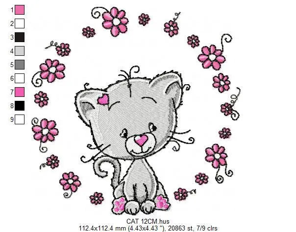 Cat embroidery design - Cat with flowers machine embroidery pattern - Kitten embroidery file - Baby girl file - Instant digital download pes Marcia Embroidery