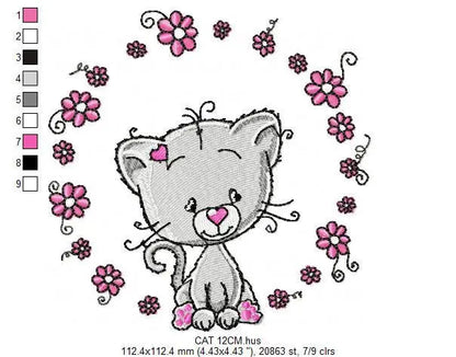 Cat embroidery design - Cat with flowers machine embroidery pattern - Kitten embroidery file - Baby girl file - Instant digital download pes Marcia Embroidery