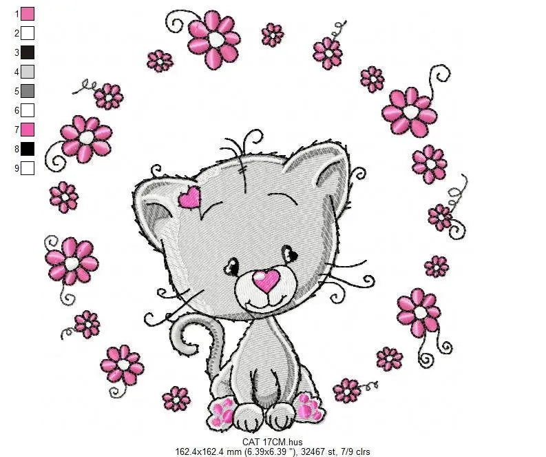 Cat embroidery design - Cat with flowers machine embroidery pattern - Kitten embroidery file - Baby girl file - Instant digital download pes Marcia Embroidery
