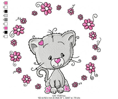 Cat embroidery design - Cat with flowers machine embroidery pattern - Kitten embroidery file - Baby girl file - Instant digital download pes Marcia Embroidery