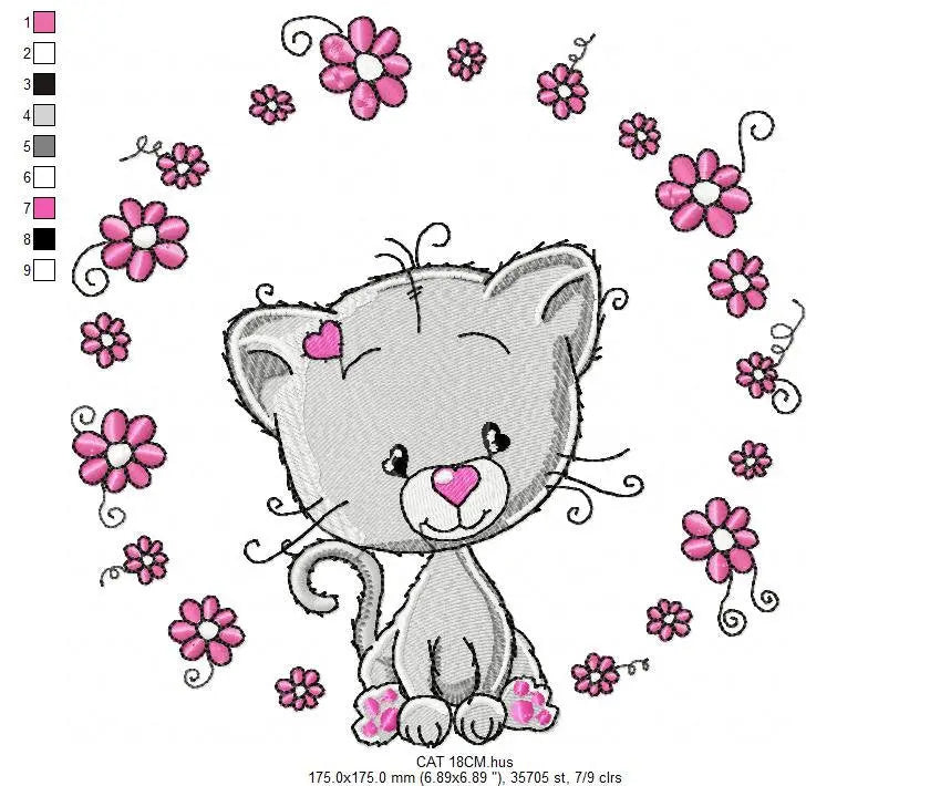 Cat embroidery design - Cat with flowers machine embroidery pattern - Kitten embroidery file - Baby girl file - Instant digital download pes Marcia Embroidery
