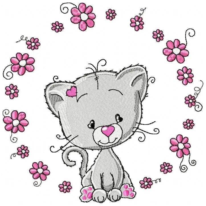 Cat embroidery design - Cat with flowers machine embroidery pattern - Kitten embroidery file - Baby girl file - Instant digital download pes Marcia Embroidery