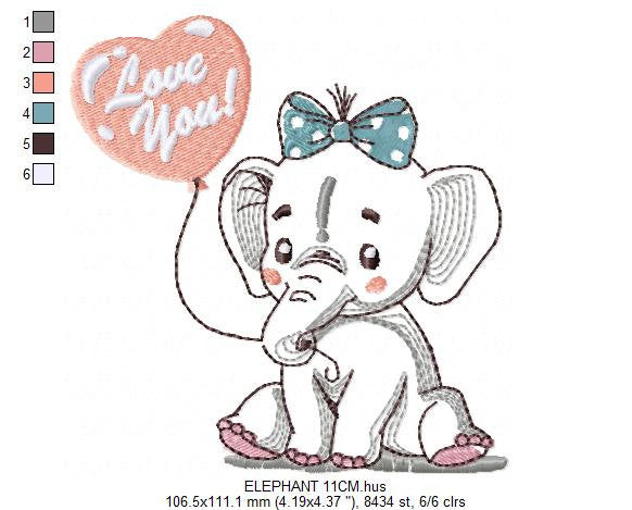 Elephant embroidery designs -  Animal with love balloon machine embroidery pattern - Love you Baby girl embroidery file - Instant download