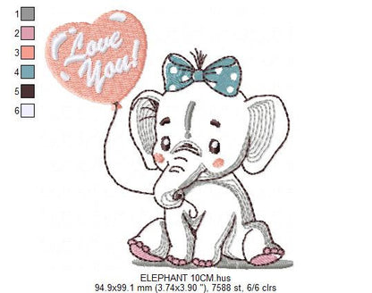 Elephant embroidery designs -  Animal with love balloon machine embroidery pattern - Love you Baby girl embroidery file - Instant download