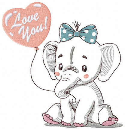 Elephant embroidery designs -  Animal with love balloon machine embroidery pattern - Love you Baby girl embroidery file - Instant download