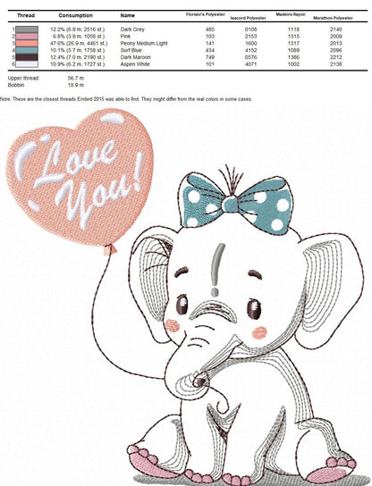Elephant embroidery designs -  Animal with love balloon machine embroidery pattern - Love you Baby girl embroidery file - Instant download